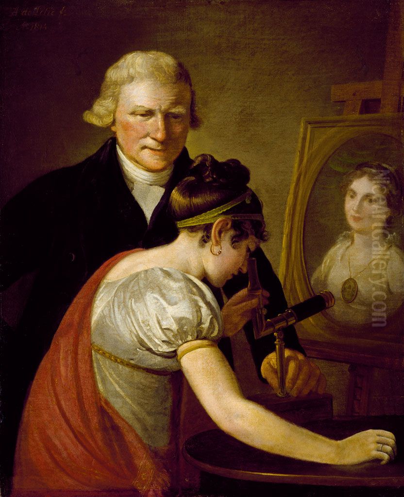 Jan Anthony van Hemert (1749-1822) en een nichtje van de schilder doende met de hoekkijker Oil Painting by Adriaan de Lelie