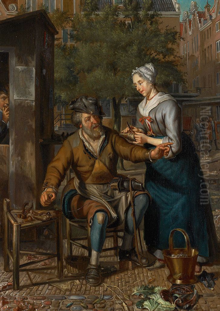 Een schoenlapper werkzaam op straat-Een schoenlapper aan de arbeid Oil Painting by Matthijs Naiveu