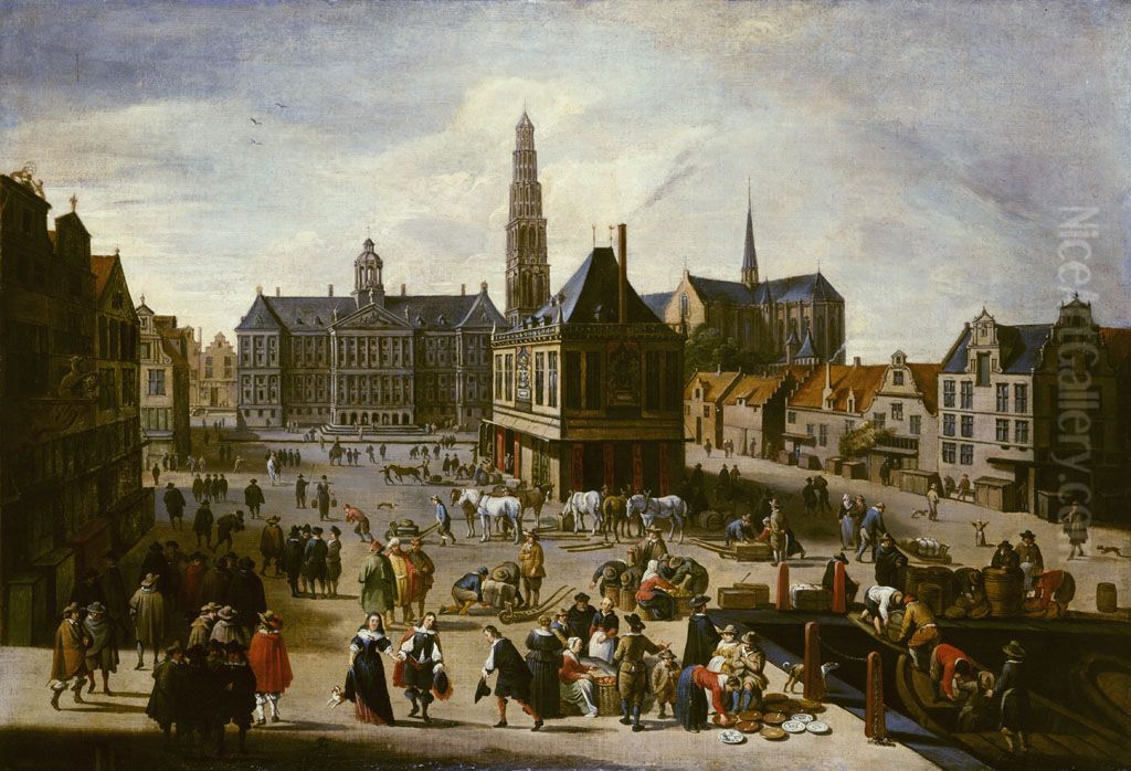 De Dam met het Stadhuis, de Waag, de Nieuwe Kerk met toren en Damrak Oil Painting by Jacob Van Der Ulft