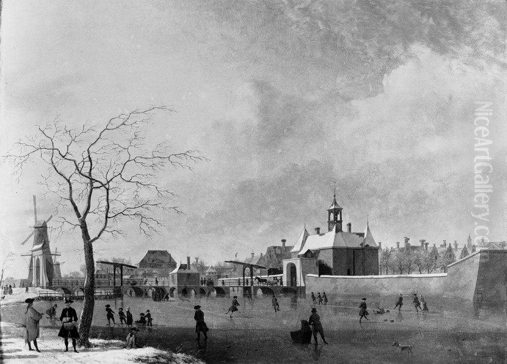 De Singelgracht met de Leidsepoort in de winter Oil Painting by Jan ten Compe