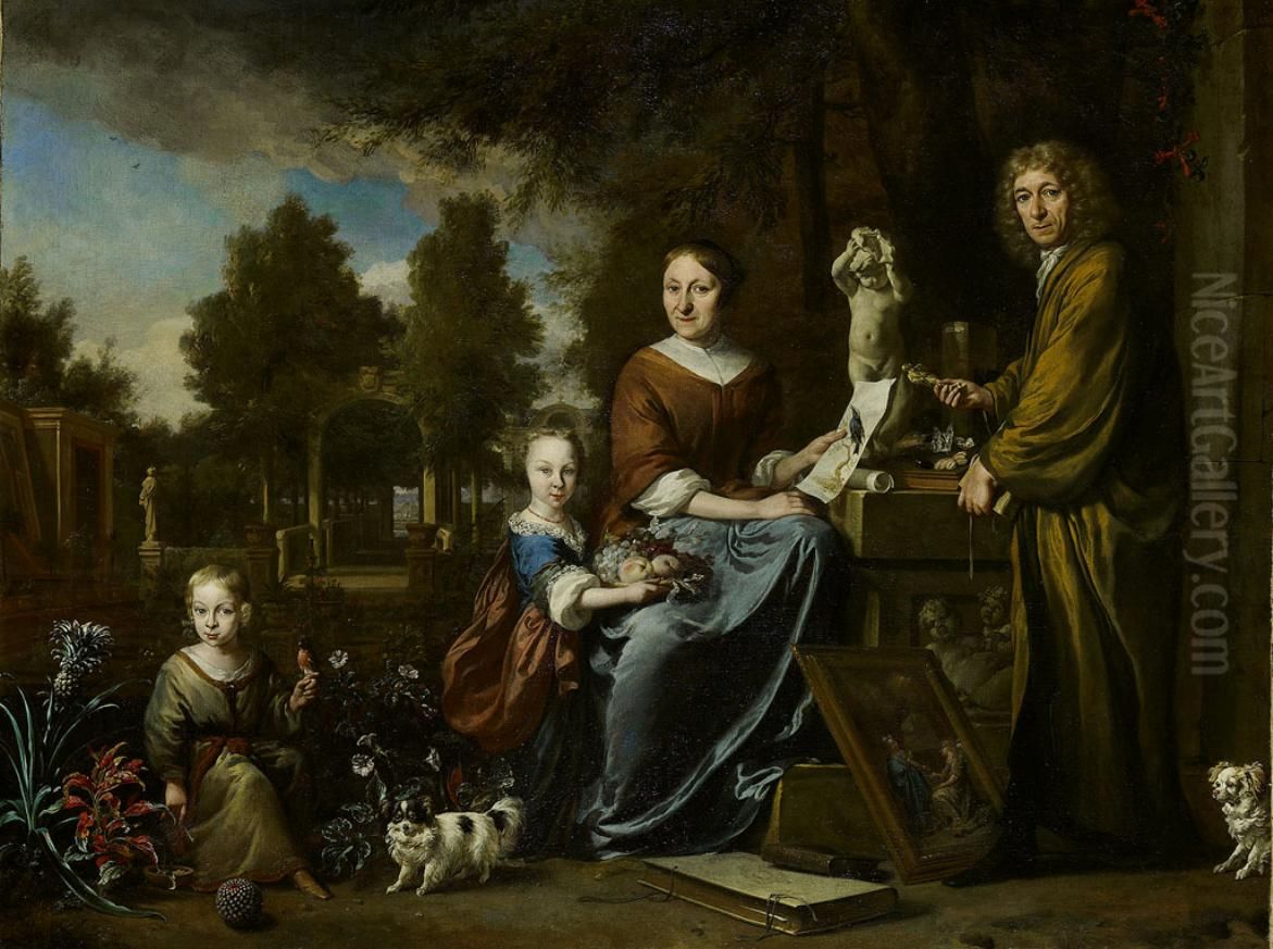 Agneta Block (Emmerich 29-10-1629 - Amsterdam 20-4-1704), and her family at their summer home Vijverhof (later calledFlora Batavia), with her cultivated pineapple Oil Painting by Jan Weenix
