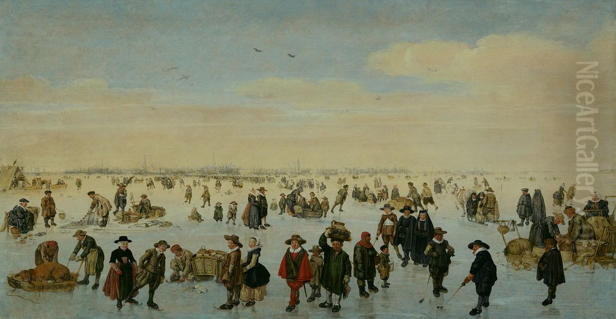 IJsvermaak op het IJ voor Amsterdam-Gezicht op Amsterdam vanaf het bevroren IJ met talrijke figuren-Frolicking on the ice on the IJ Oil Painting by Arent Arentsz