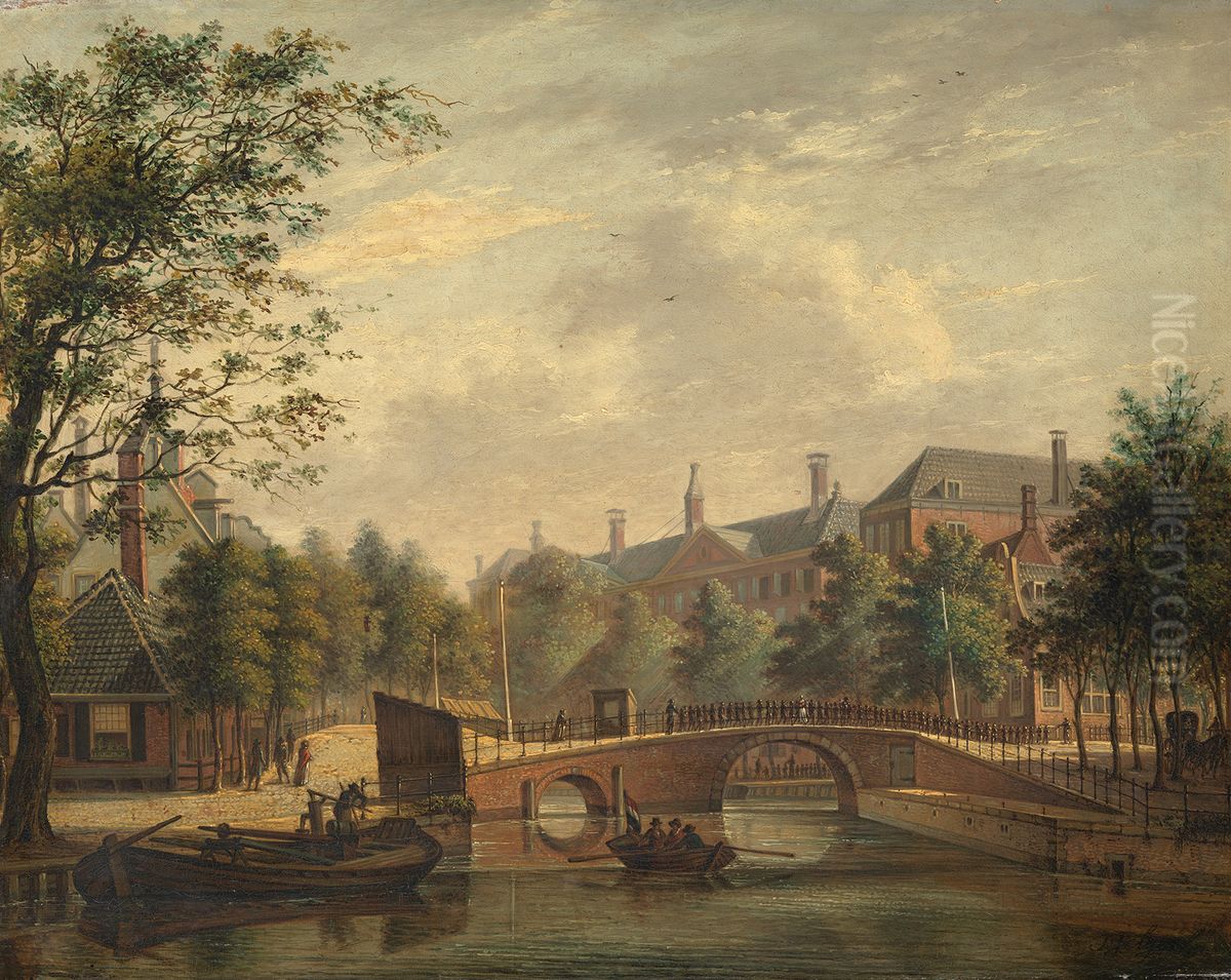 Het Aalmoezeniers-weeshuis, gezien vanaf de Prinsengracht over de verbindingsbrug van de Leidsegracht Oil Painting by Johannes Jelgerhuis