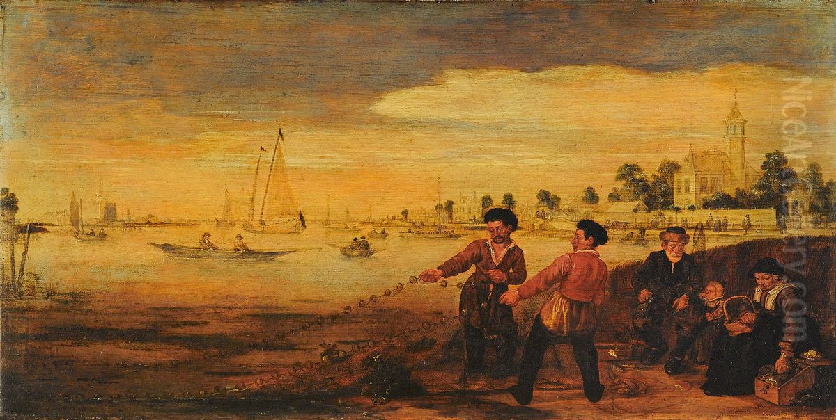 Vissers aan de Amstel bij de Pauwentuin-Fishermen on the River Amstel near 'De Pauwentuin' Oil Painting by Arent Arentsz