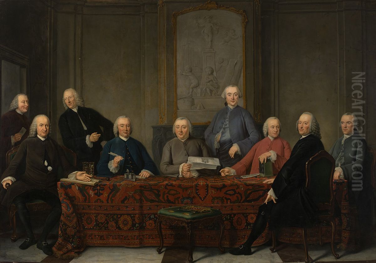 De overlieden van het Groot-Kramersgilde-Acht overlieden en de gildeknecht van het Groot-Kramersgilde-Regenten van het huiszittenhuis Oil Painting by Tibout Regters