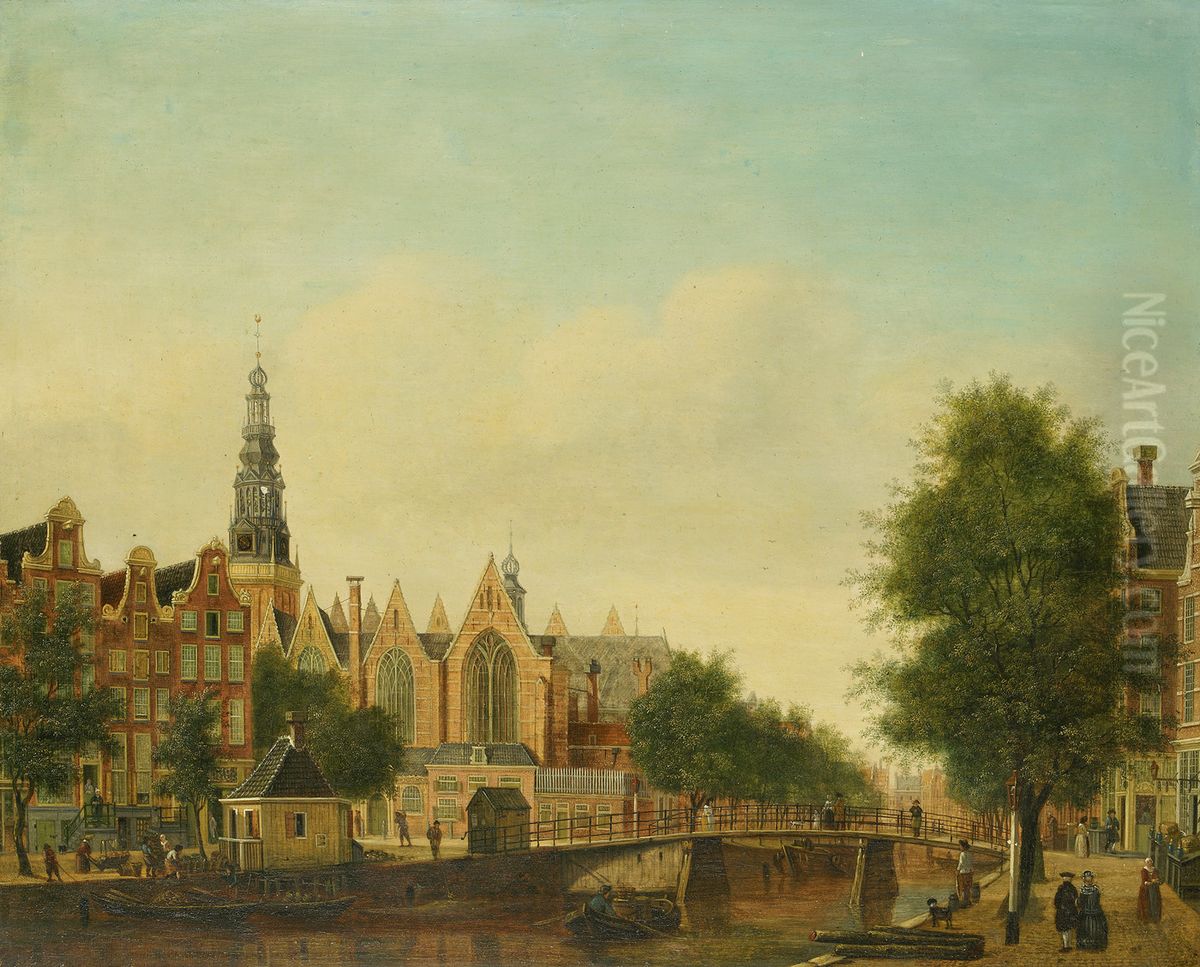 De Oude Kerk gezien vanaf de Oudezijds Voorburgwal-Old Church on the Oudezijds Voorburgwal Oil Painting by Johannes Huibert Prins