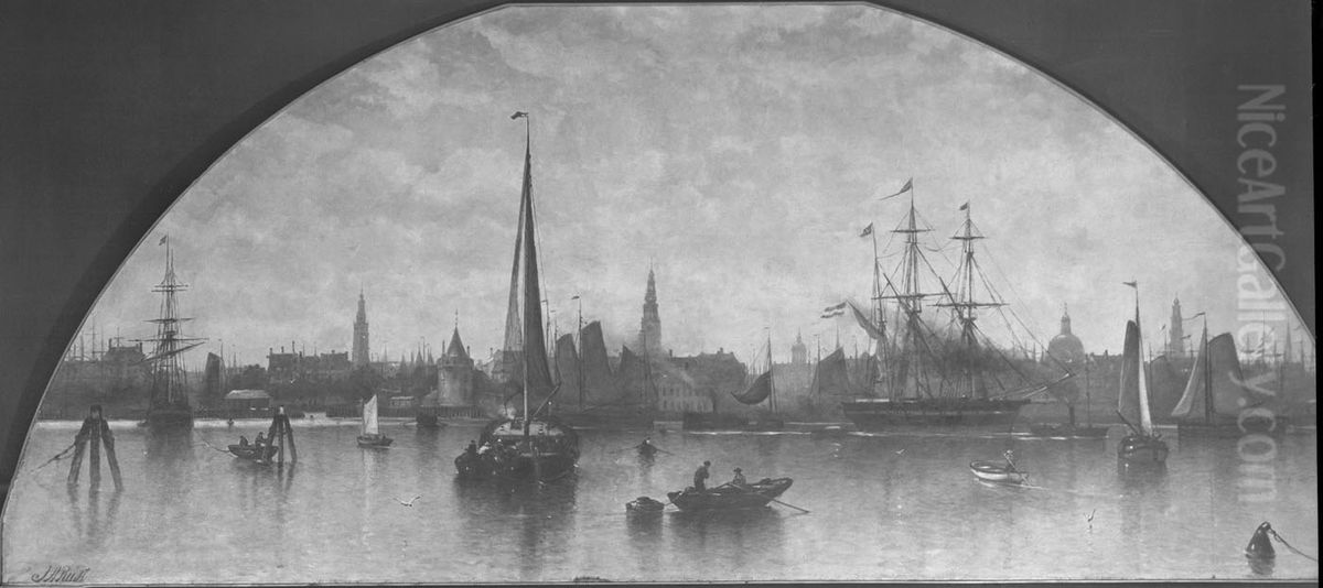 Gezicht op het IJ voor Amsterdam Oil Painting by Johan Adolph Rust