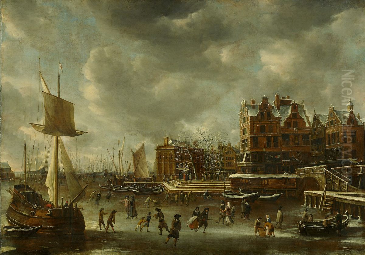 Het IJ bij de Nieuwe Brug in de winter, gezien naar het oosten Oil Painting by Jan Abrahamsz Beerstraaten