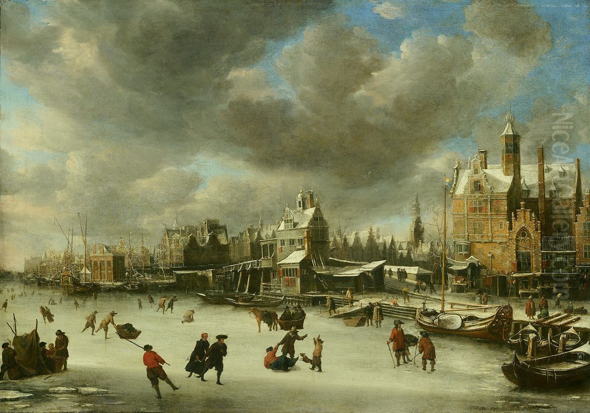 The Paalhuis and the Nieuwe Brug in winter Oil Painting by Jan Abrahamsz Beerstraaten