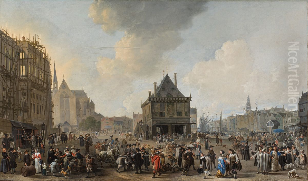 Dam Square with the new Town Hall under Construction Oil Painting by Johannes Lingelbach