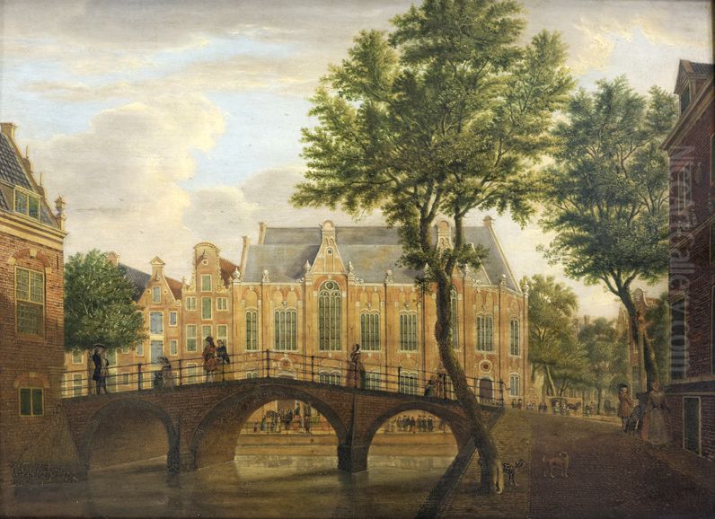 Het Spui met de Oude Lutherse Kerk gezien vanaf de Nieuwezijds Voorburgwal-The Oude Lutherse Kerk on the Spui Oil Painting by Jan De Beijer