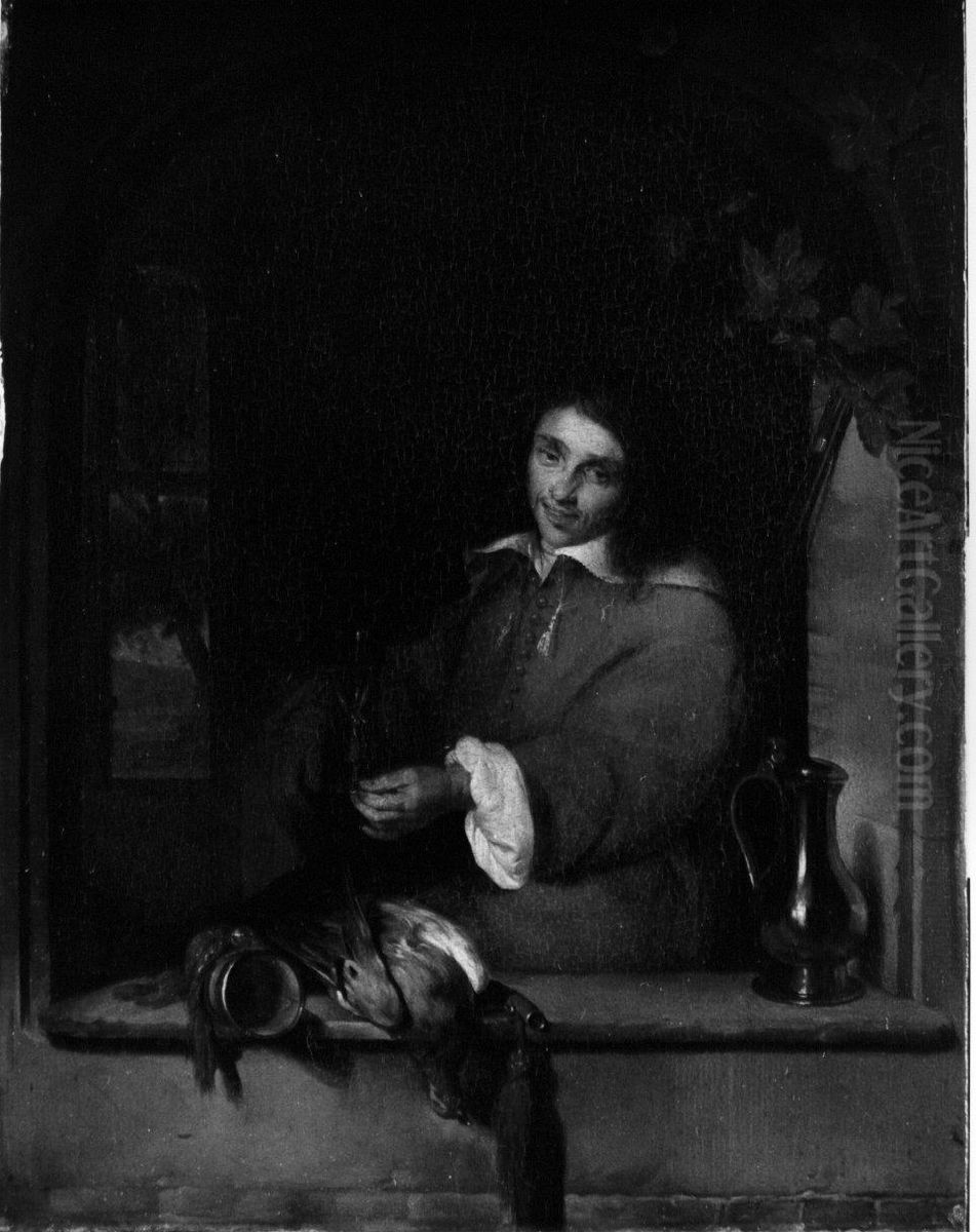 Een jager met een glas wijn in de hand (naar Gabriel Metsu) Oil Painting by Charles Van Beveren