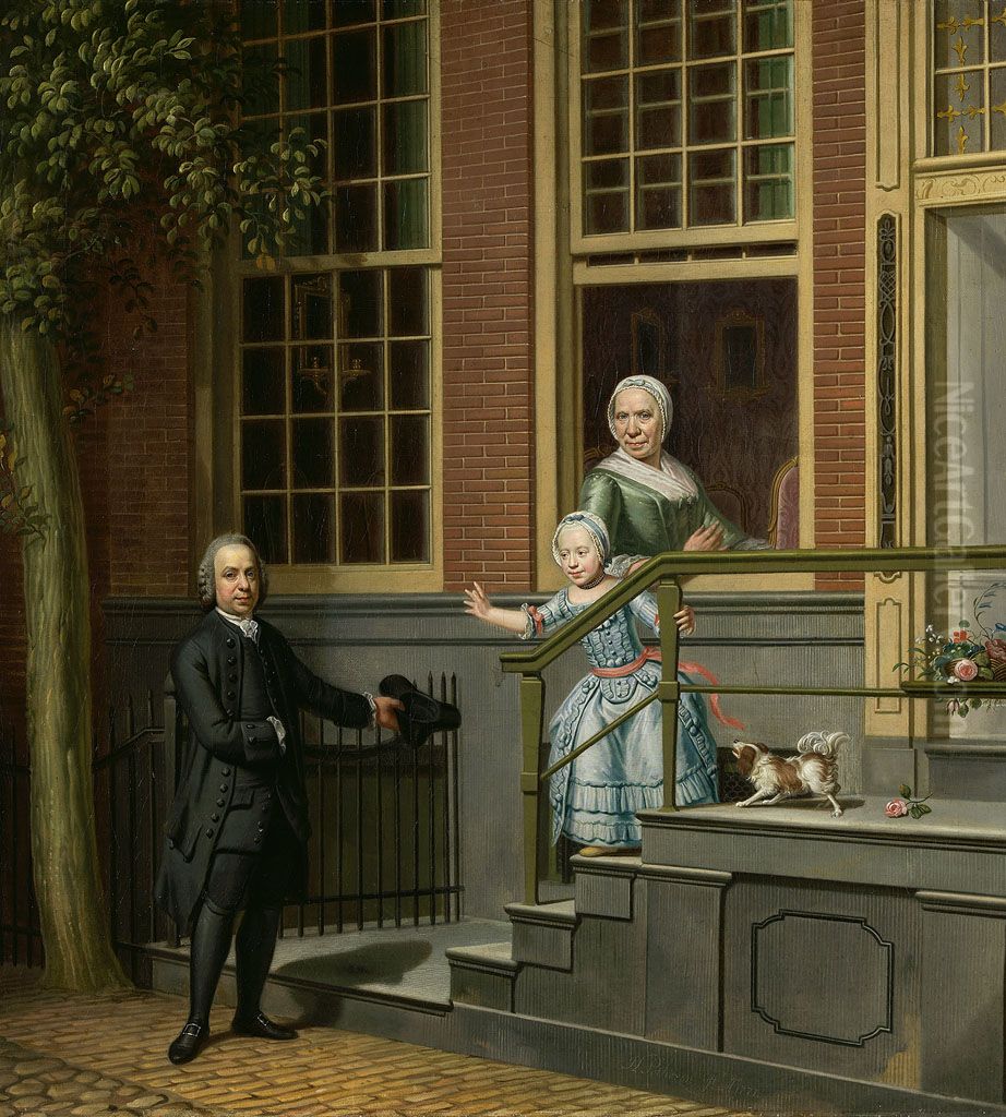 Jan de Groot (1733-1801) en zijn familie-Jan de Groot with his daughter and mother in front of his house Oil Painting by Hendrik Pothoven