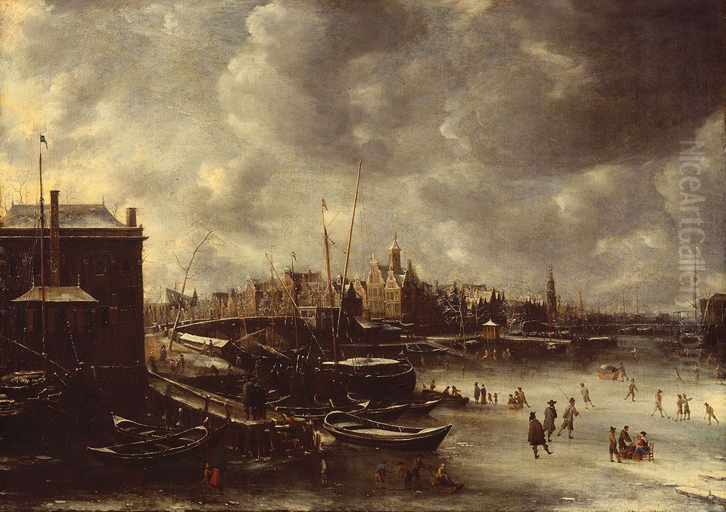 The river IJ at New Bridge, looking west Oil Painting by Jan Abrahamsz Beerstraaten