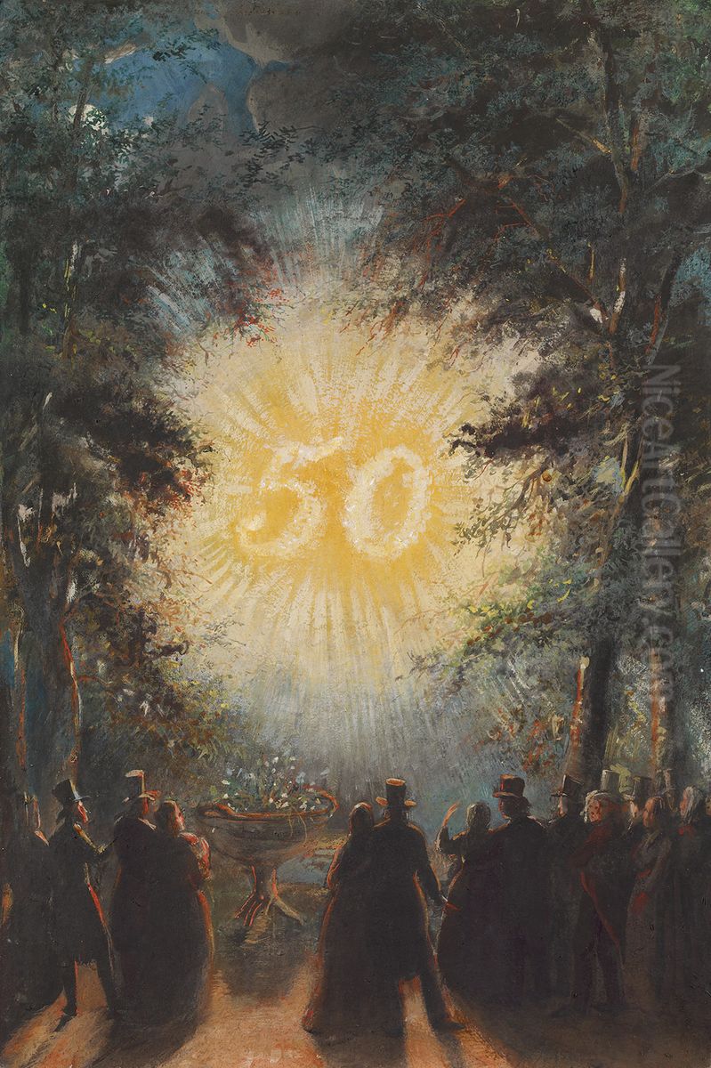 1843, illuminatie ter gelegenheid van de gouden bruiloft van echtpaar Wurfbain-Hurrelbrinck op het buiten Zorg Vrij nabij Haarlem Oil Painting by Nicolaas Pieneman
