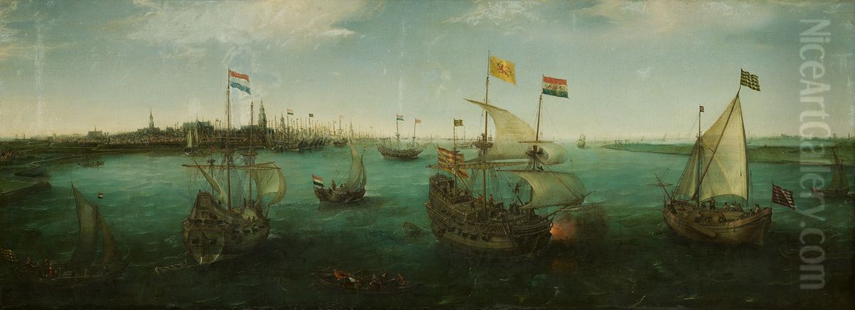 Het IJ vanuit het oosten-Het IJ naar het westen gezien met rechts het profiel van de stad-The IJ to the West Oil Painting by Hendrick Cornelisz Vroom