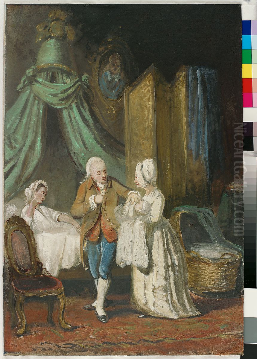 1793, stamhouder Wurfbain geboren-Kroniek van echtpaar Joh. Samuel Wurfbain (1770-1851) en Anna Maria Geertruida Hurrelbrinck (1772-1850), bij gelegenheid van hun gouden bruiloft Oil Painting by Nicolaas Pieneman