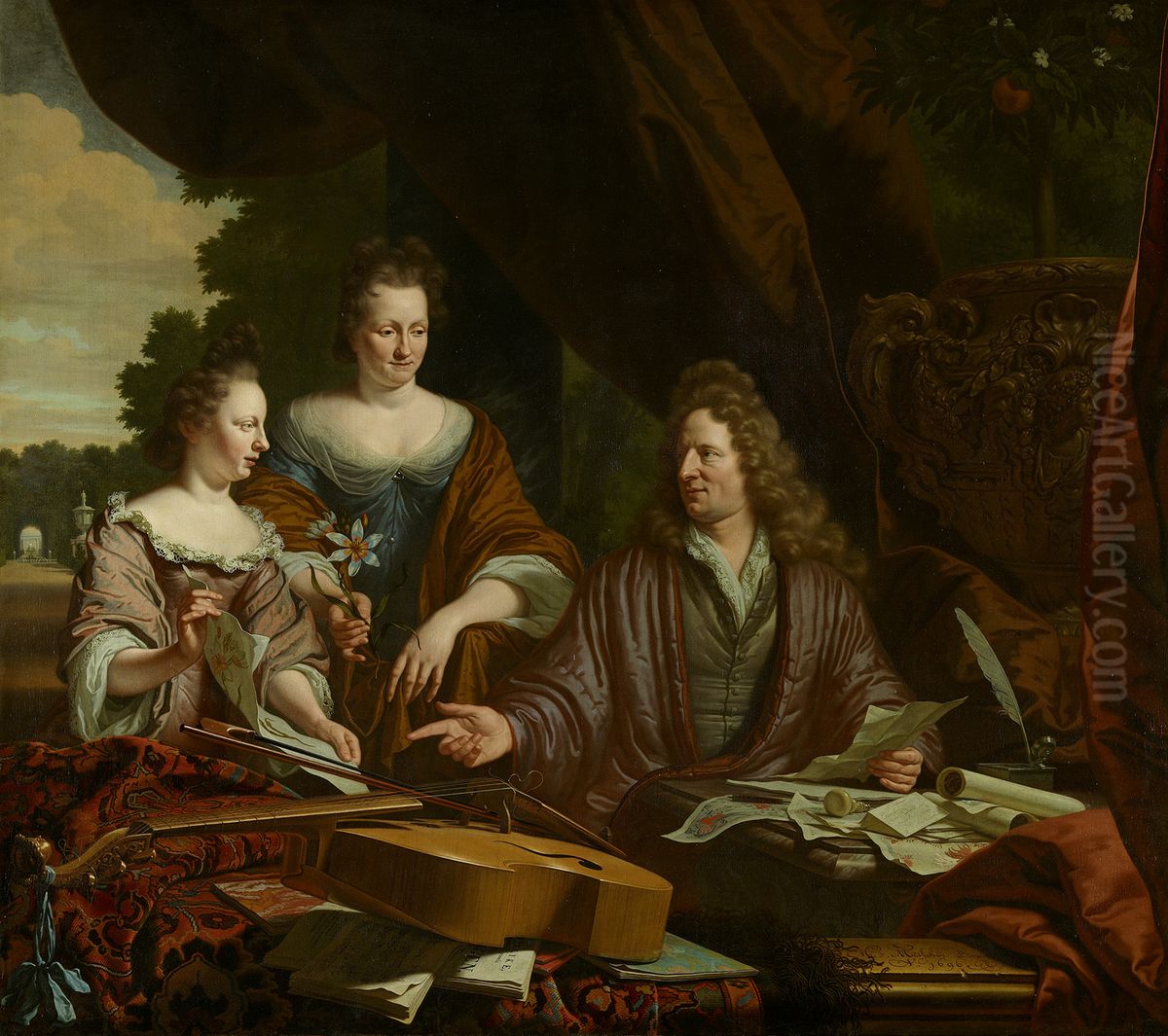 David (1654-1729), Agneta (ca. 1658-1719) en hun dochter Catherina (1683-1729) de Neufville Oil Painting by Michiel van Musscher