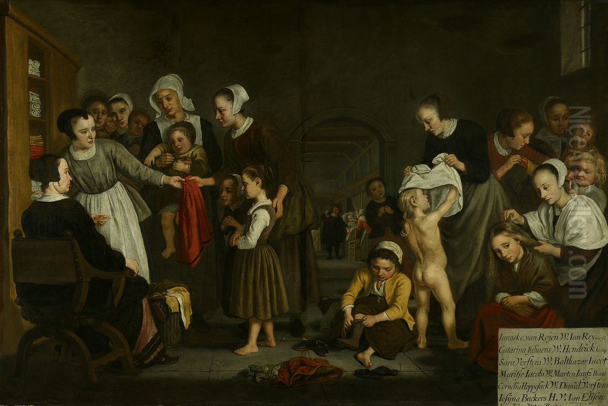 Het kleden der wezen-Dressing the orphans in the Diaconal Orphanage Oil Painting by Jan Victors