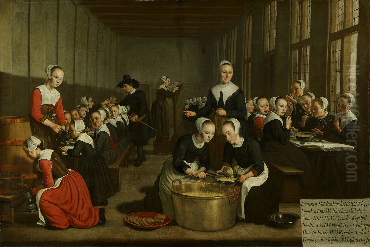 Het voeden der wezen-Het voeden der wezen in het Diaconieweeshuis-Maaltijd van weesmeisjes uit het Diaconieweeshuis-Feeding the orphans in the Diaconal Orphanage Oil Painting by Jan Victors