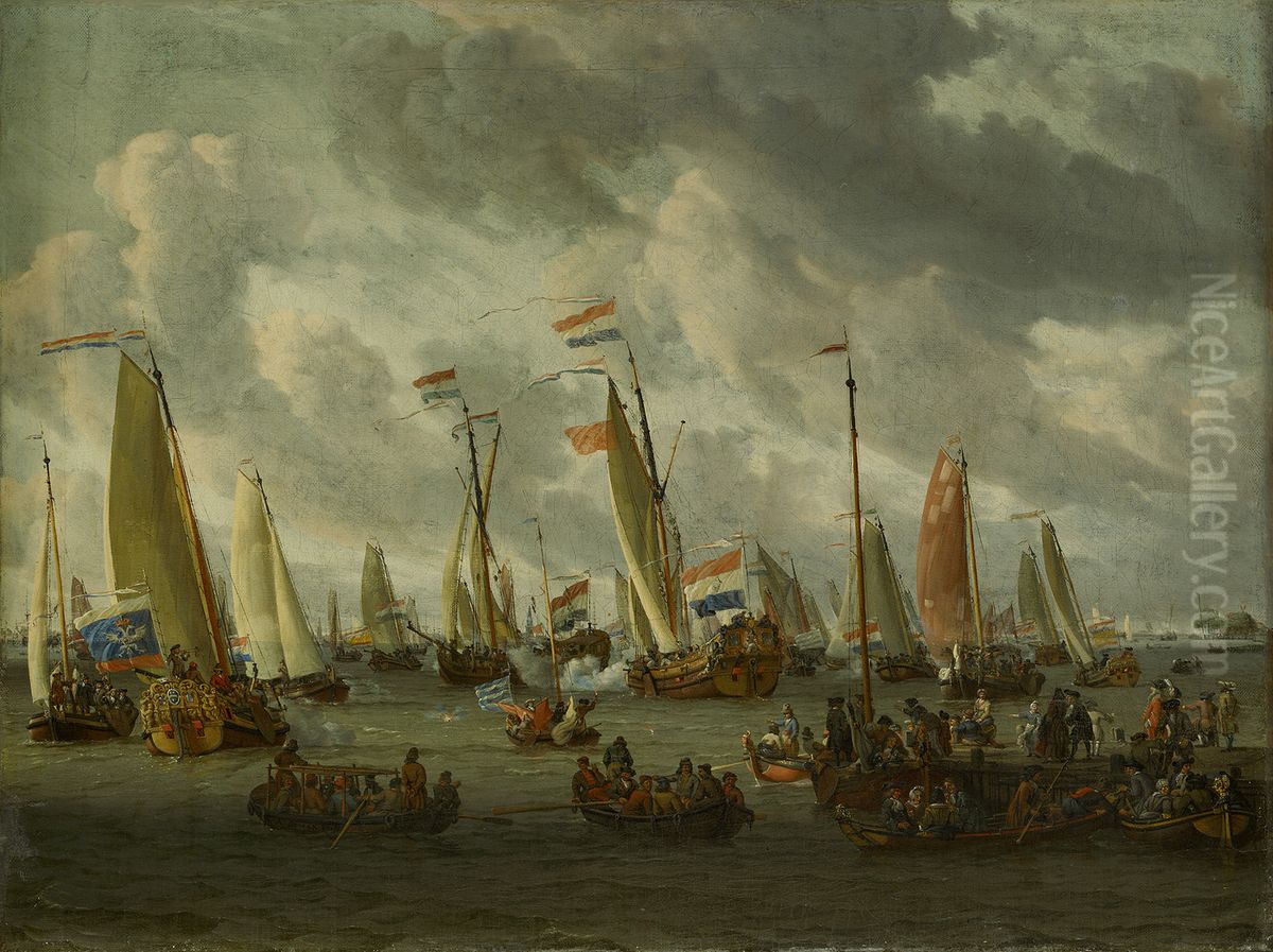 A mock sea battle on the IJ, in honour of the Russian ambassadors-Mock battle on the IJ on the occasion of Czar Peter the Great's visit, 1 September 1697 Oil Painting by Abraham Storck