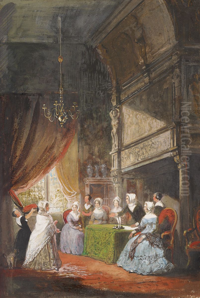 1814, entree van mevrouw Wurfbain-Hurrelbrinck als regentes in het Luthers Evangelisch Weeshuis Oil Painting by Nicolaas Pieneman