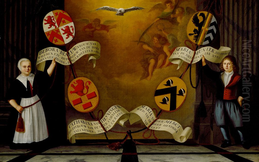 Twee weeskinderen presenteren de wapens van vier regentessen Oil Painting by Adriaen Backer