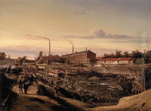 The construction of two gasholders for the Hollandsche Gazfabriek on the Schans Oil Painting by Cornelis Springer
