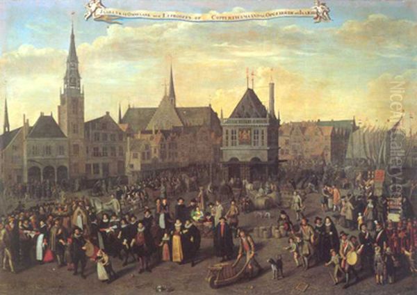 Jaarlijkse omgang der leprozen op koppertjesmaandag in Amsterdam.[1] Oil Painting by Adriaen van Nieulandt the younger