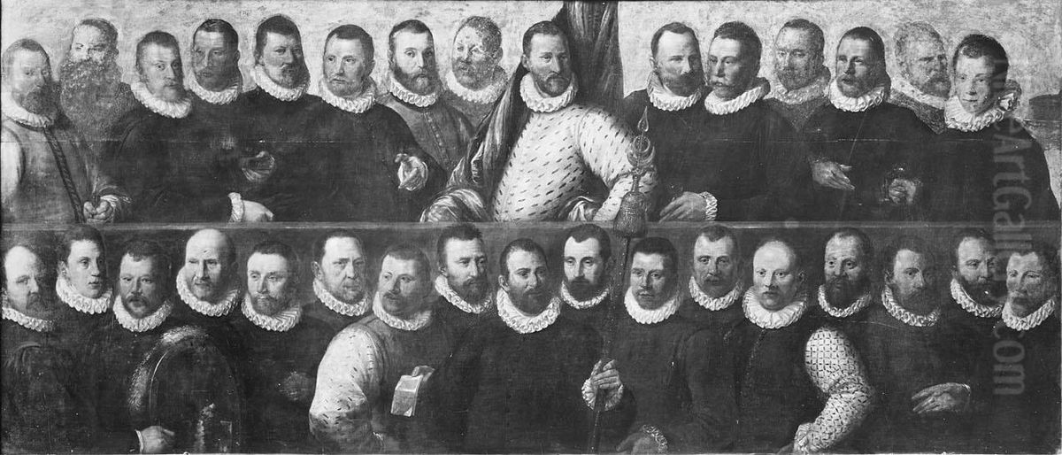 Schutters van de compagnie van kapitein Reynst Pietersz. en vaandrig Claes Claesz. Kruys Oil Painting by Dirck Barendsz.