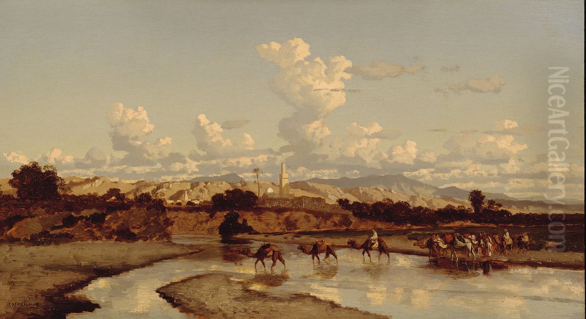 In een oosters landschap trekt een karavaan door een rivier-