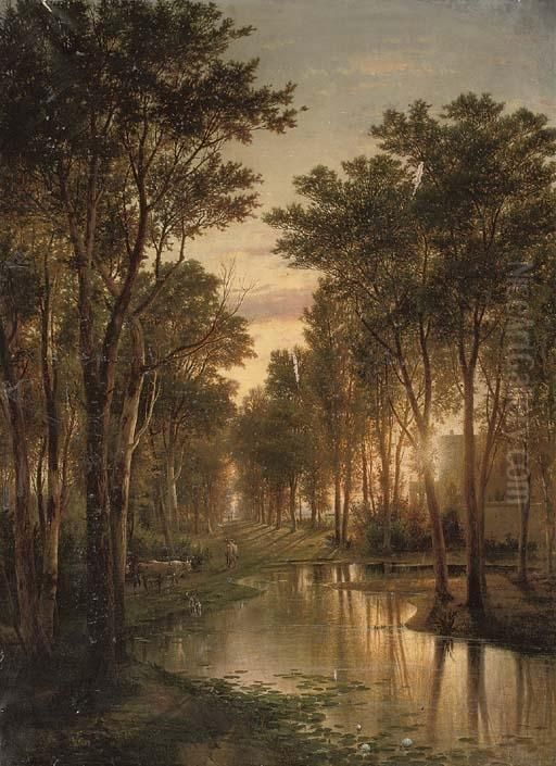 Cattle Watering By The River's Edge At Dusk Oil Painting by Guido Carmignani