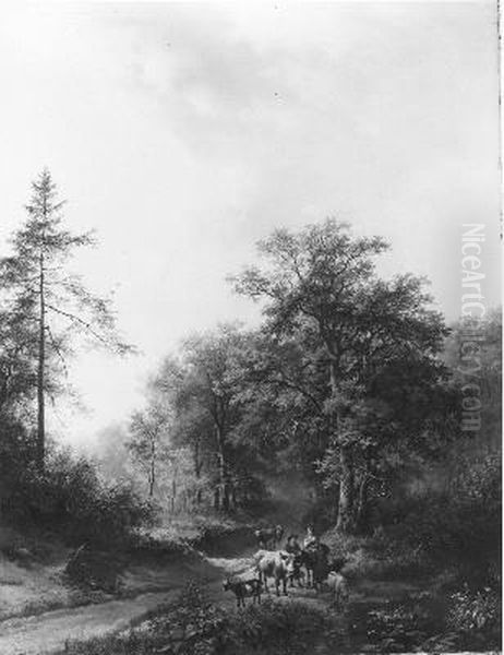 Boeren met rundvee bij een water aan de ingang van een bos Oil Painting by Barend Cornelis Koekkoek