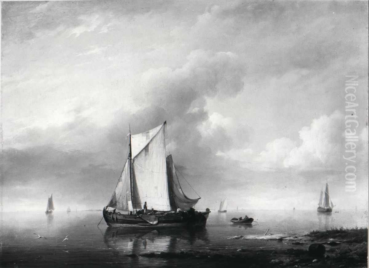 Voor anker liggende vissersschepen bij een strand Oil Painting by Hermanus Koekkoek