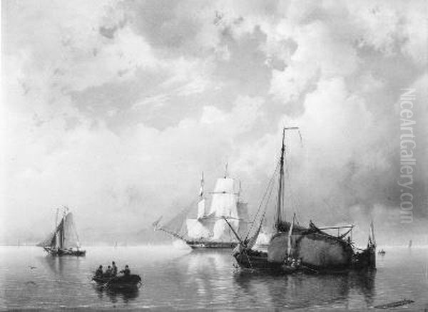 Een stil water met een hooischuit en andere vaartuigen Oil Painting by Hermanus Koekkoek