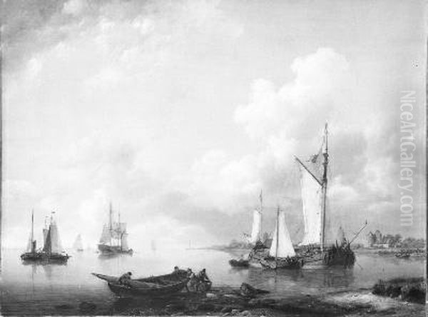 Een riviergezicht bij stil weer, op de voorgrond schippers die een boot van wal steken Oil Painting by Hermanus Koekkoek