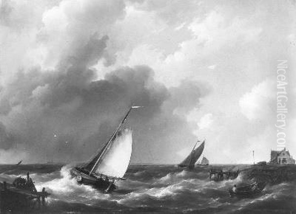 Havenhoofd bij onstuimig weer Oil Painting by Hermanus Koekkoek