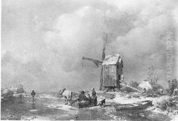 Een molen aan een bevroren rivier, op de voorgrond boeren bij een slee Oil Painting by Per Wickenberg