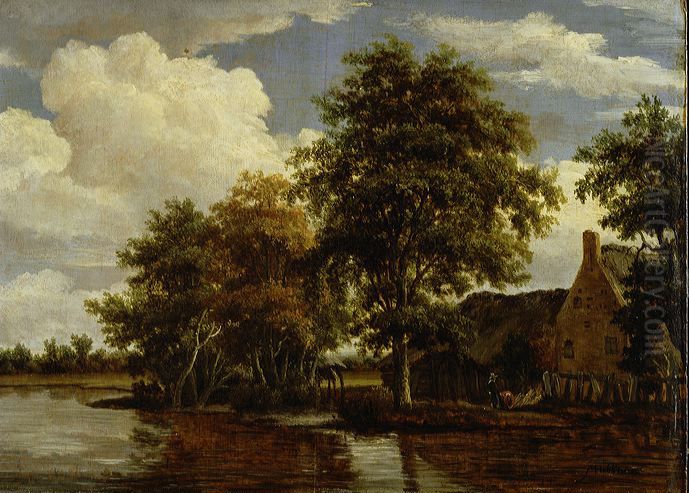 Een boerenwoning aan een wetering-Farmhouse by the Water Oil Painting by Meindert Hobbema