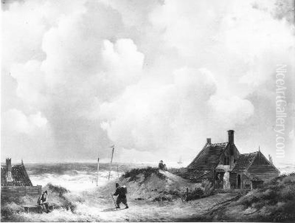 Visserswoningen in de duinen, in de verte de zee Oil Painting by Johannes Christiaan Schotel