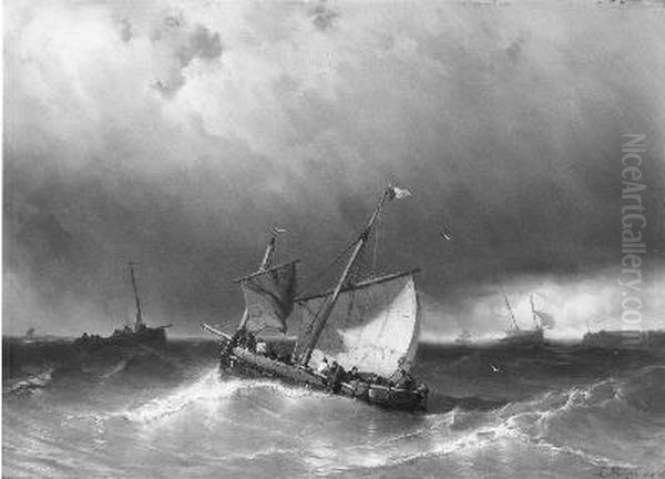 Woelige zee, op de voorgrond een vissersschip Oil Painting by Louis Meijer