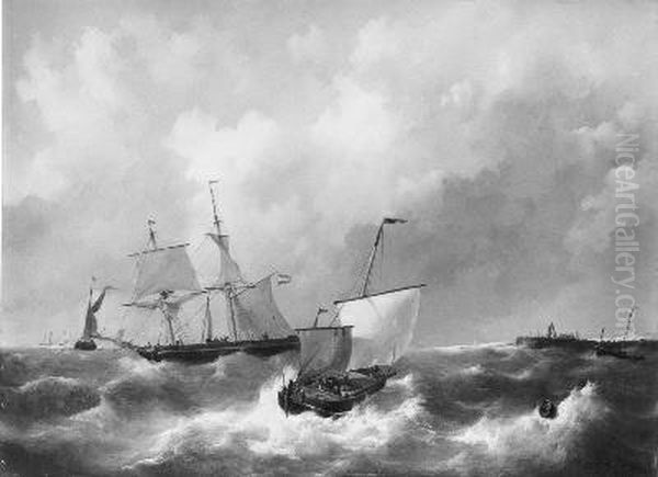 Woelig water, in de verte de Zeeuwse kust Oil Painting by Johannes Christiaan Schotel