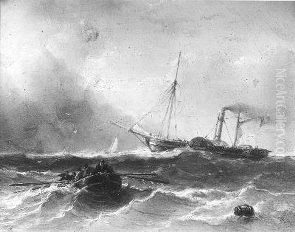 Woelig water, in de verte een stoomboot Oil Painting by Louis Meijer