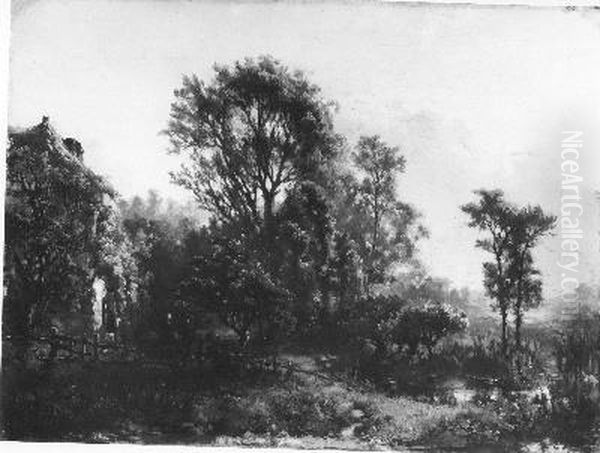 Boerenwoningen in een boomrijk landschap Oil Painting by Maria Vos