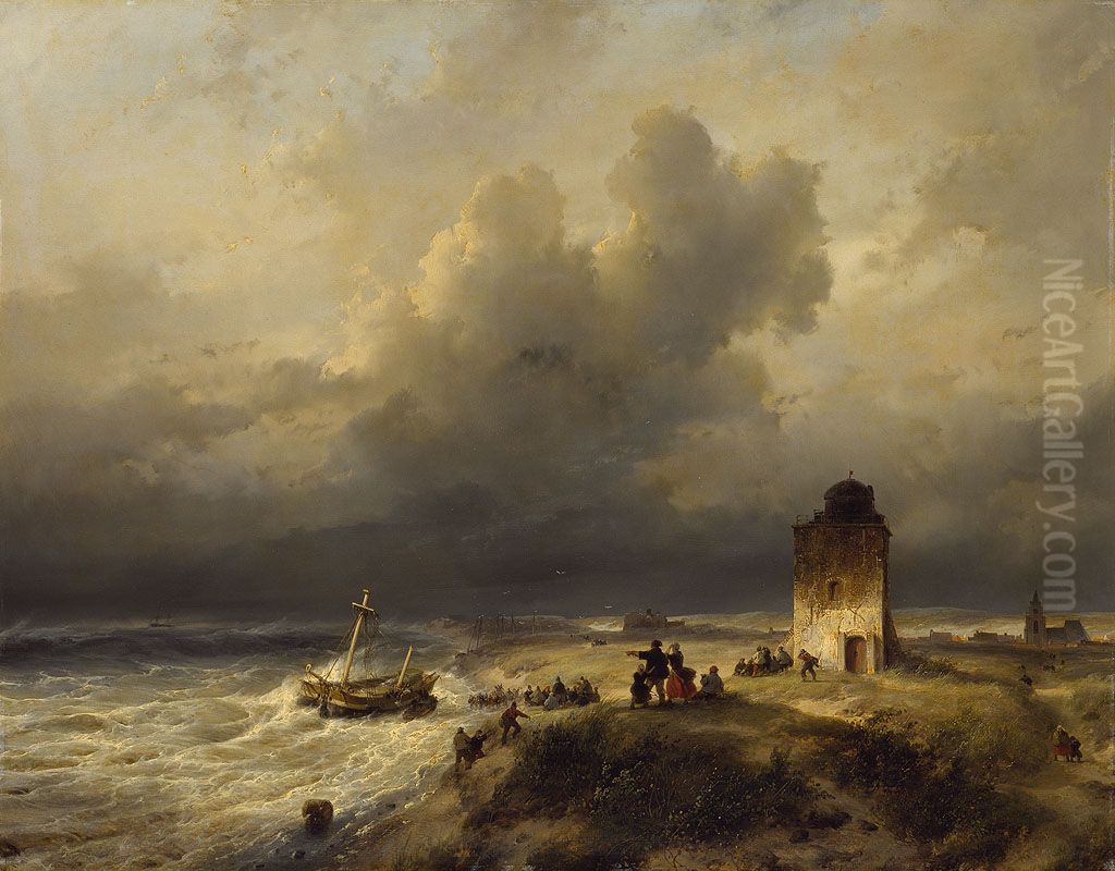 Ship stranded at Scheveningen Oil Painting by Andreas Schelfhout