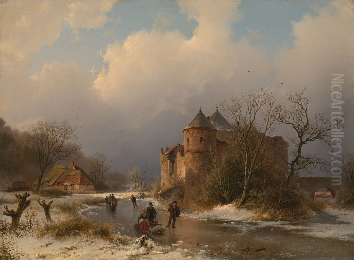 Een kasteel in een winterlandschap Oil Painting by Barend Cornelis Koekkoek
