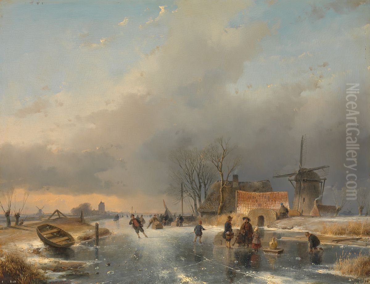 Een winterlandschap, rechts een molen en woningen bij een bevroren vaart Oil Painting by Andreas Schelfhout