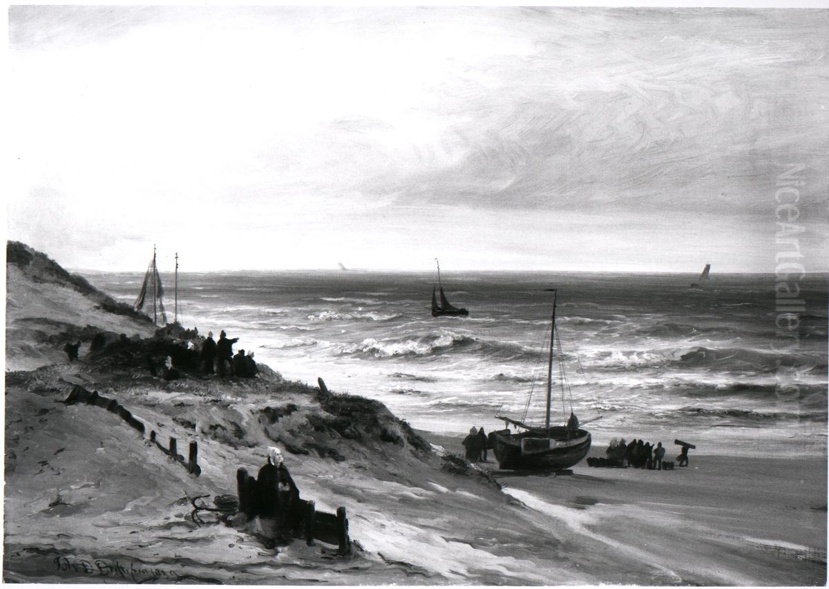 Het strand bij Scheveningen bij regenachtig weer Oil Painting by Johannes Adrianus Van Der Drift