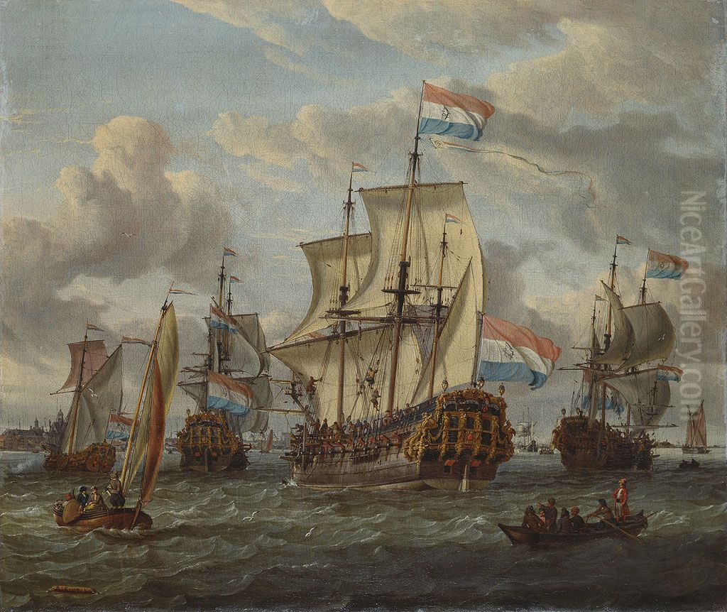 Het fregat Pieter en Paul op het IJ-Het met medewerking van czaar Peter de Grote in januari 1698 voltooide fregat Pieter en Paul op het IJ-The Frigate 'Peter and Paul' on the river IJ Oil Painting by Abraham Storck