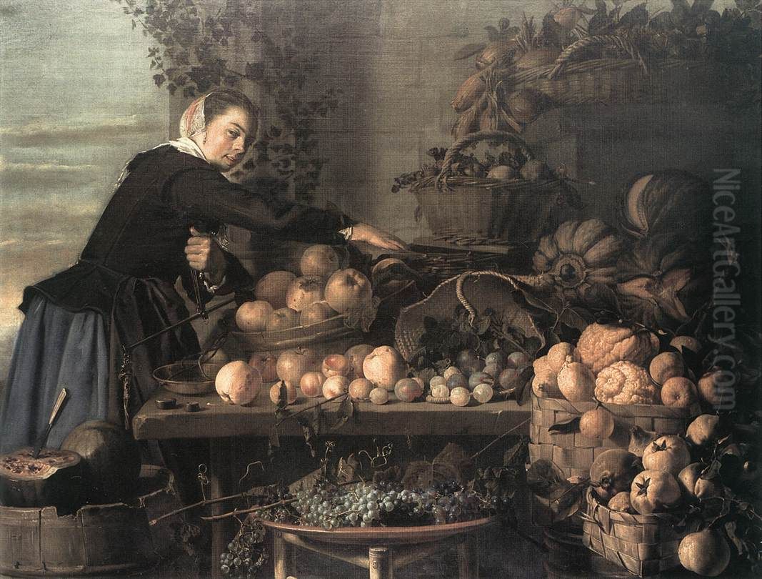Fruit and Vegetable Seller Oil Painting by Claes Van Heussen